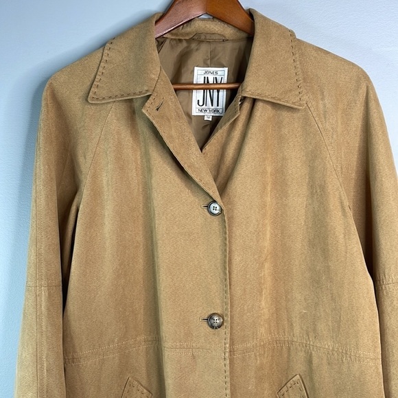 Y2K Boyfriend Jones New York Camel Faux Suede Jacket Exposed Stitch Raglan 12 - Picture 2 of 10